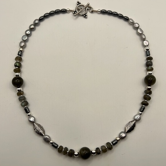 LABRADORITE, PEARL, HEMATITE, AND STERLING SILVER NECKLACE 17.75” - Picture 3 of 13